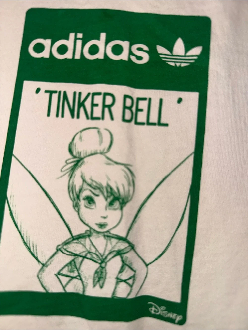 Adidas Tinkerbell T Shirt Cream Green Top Kids Size 13/14 Large Disney